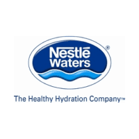 Logo of Nestlé Waters with a blue oval containing the brand name and wave graphics, accompanied by the tagline "The Healthy Hydration Company™" below.