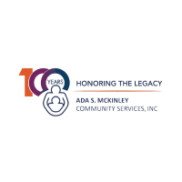 Logo features "100 Years Honoring the Legacy" and "Ada S. McKinley Community Services, Inc." with an icon of a person surrounded by an outline of another figure.