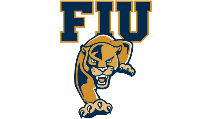 Logo with yellow and blue letters "FIU" above an aggressive panther in a pouncing position.