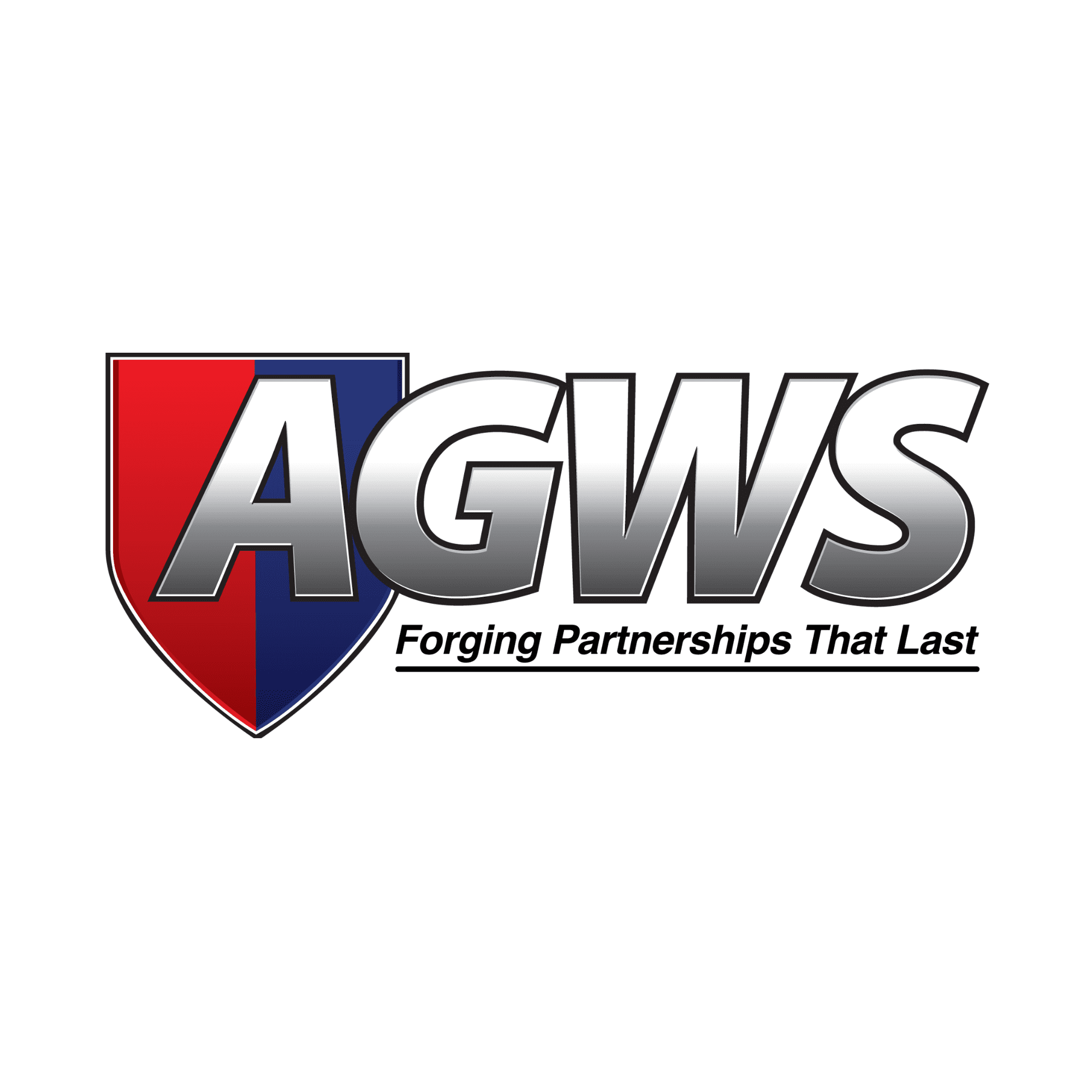 Logo consisting of the letters AGWS in bold, metallic font overlaid on a shield divided into red and blue sections.