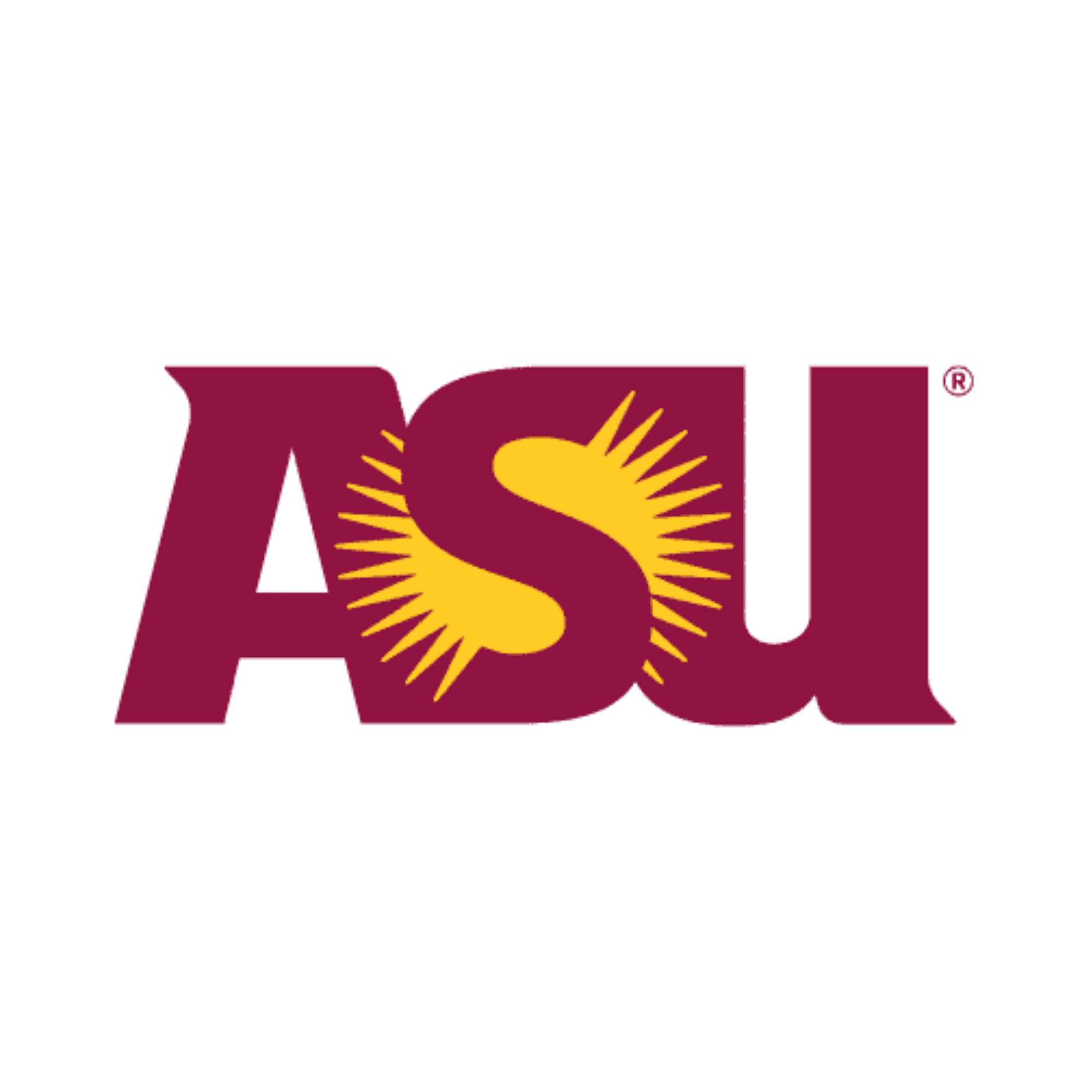 The image shows the logo of Arizona State University (ASU), with the letters "ASU" in bold maroon font and a golden sunburst integrated into the letter "S.