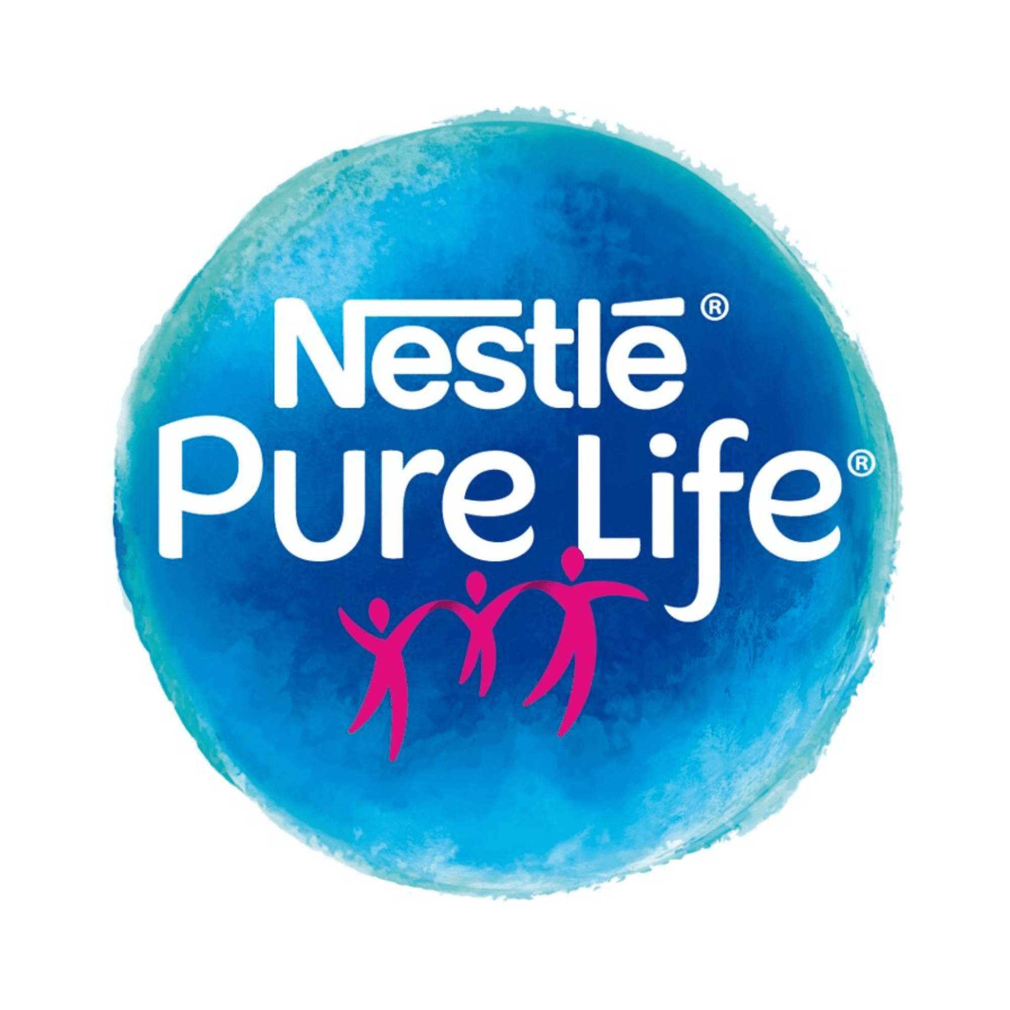 Logo of Nestlé Pure Life featuring a blue circle with "Nestlé Pure Life" text and three pink human figures holding hands underneath.