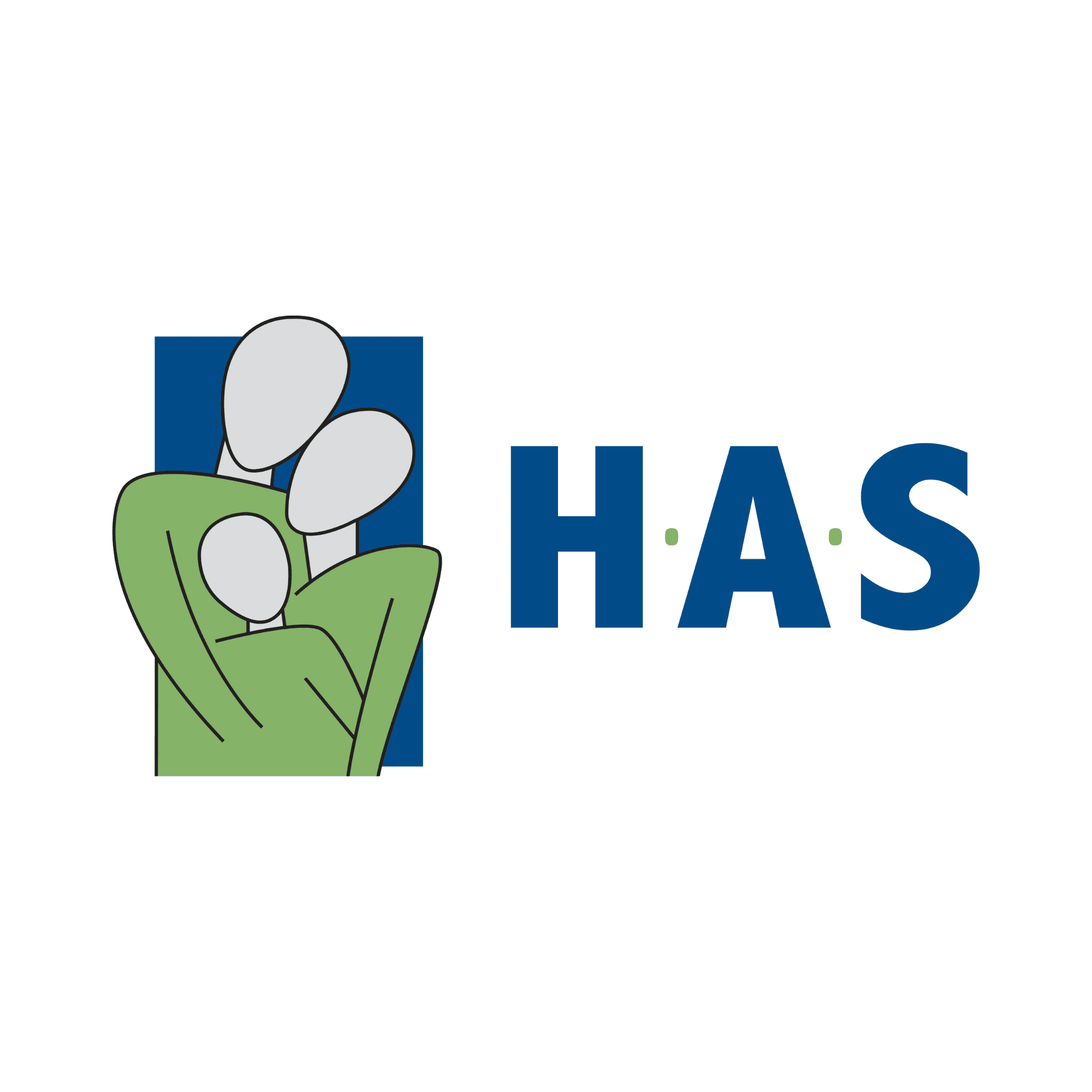 The image shows the logo for H.A.S Community Counseling & Treatment, featuring a green hand holding three white balloons next to the text.