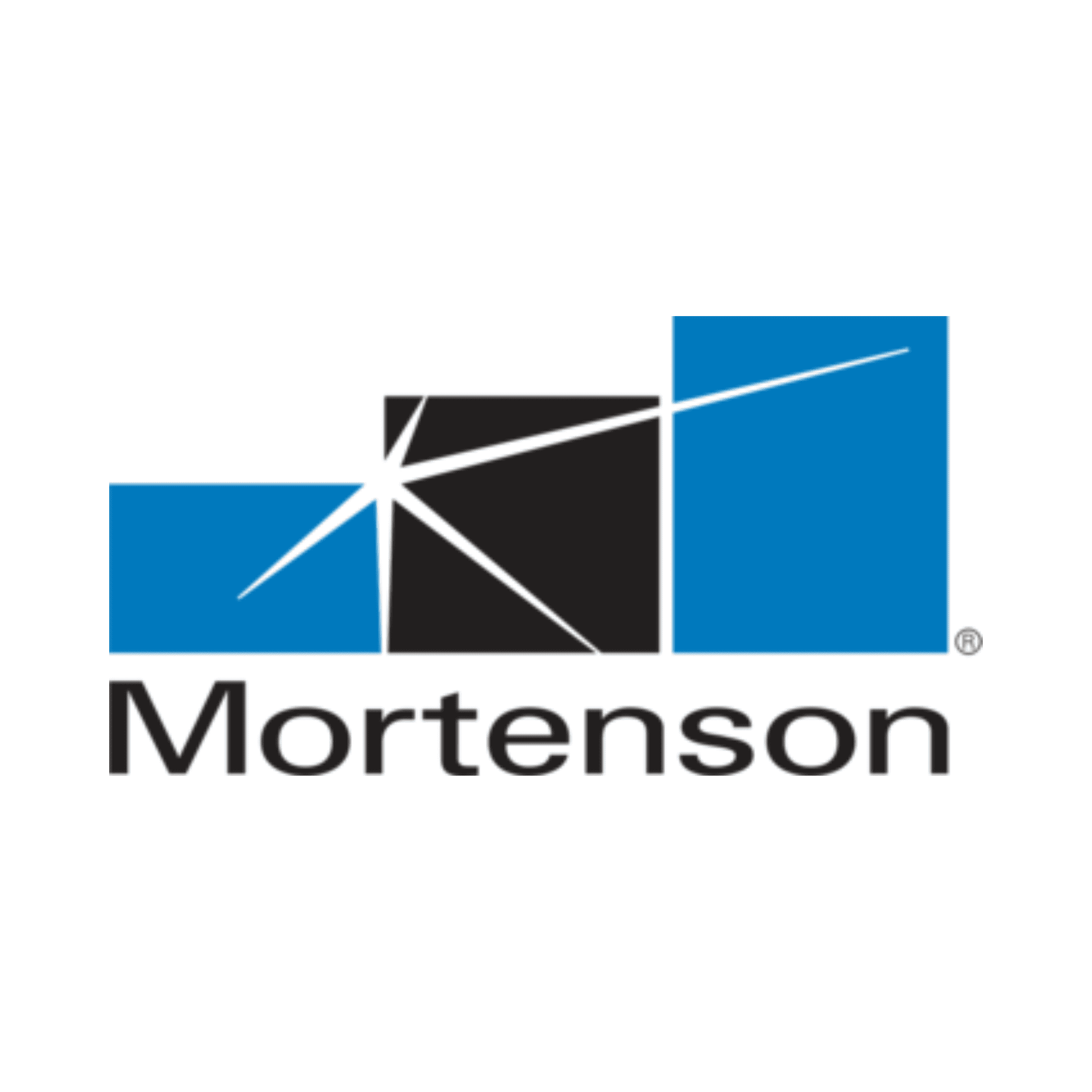 Logo with text "Mortenson" below overlapping geometric blue and black rectangles intersected by white lines.