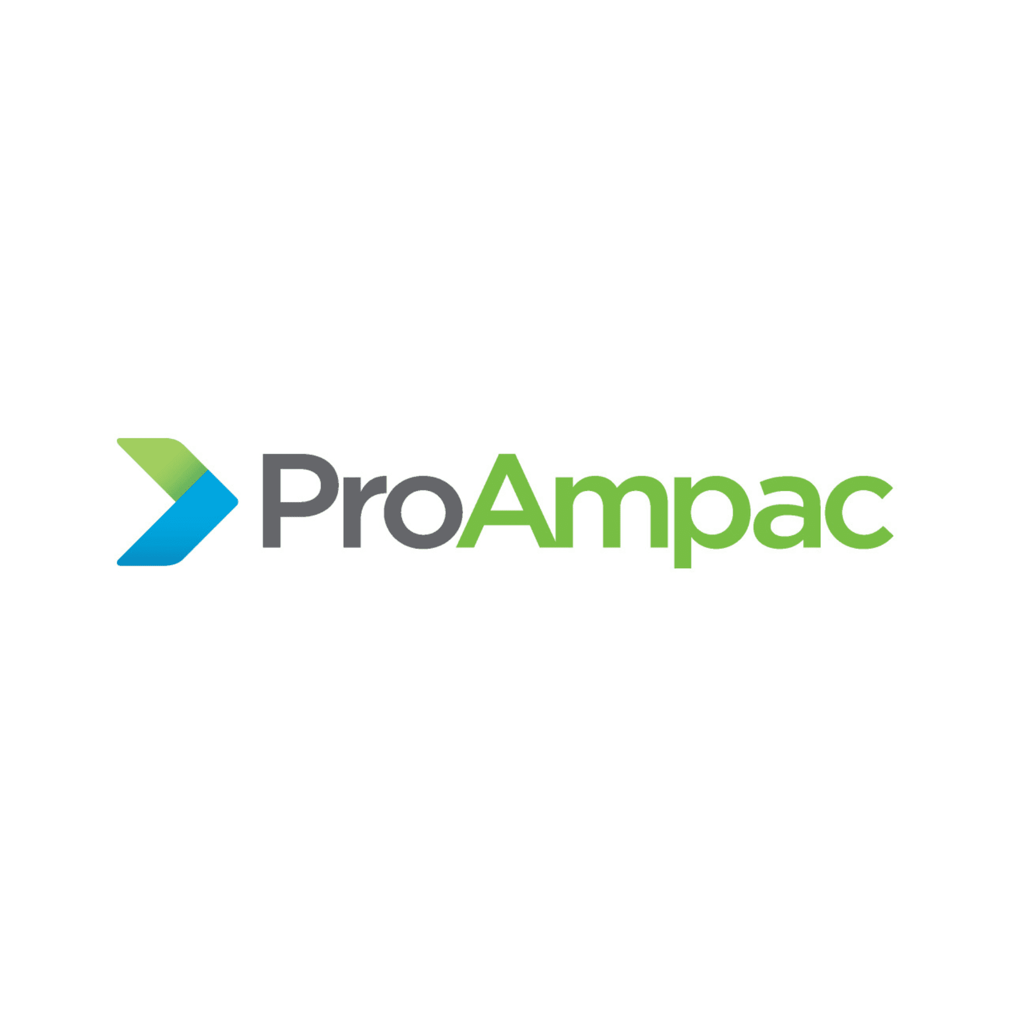 ProAmpac logo featuring a blue and green arrow icon to the left of the company name, with "Pro" in gray and "Ampac" in green.