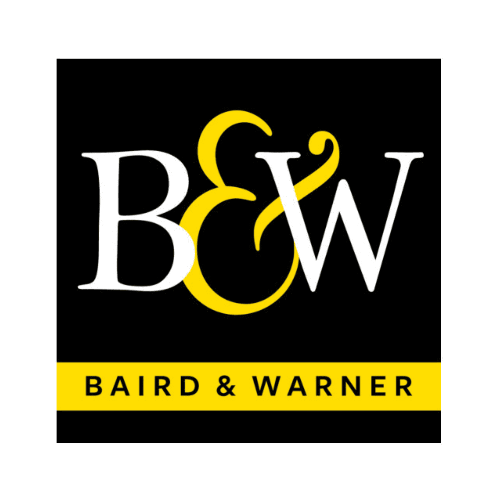 Logo for Baird & Warner, featuring "B&W" in large white letters with a yellow ampersand, on a black square background and "BAIRD & WARNER" on a yellow strip below.