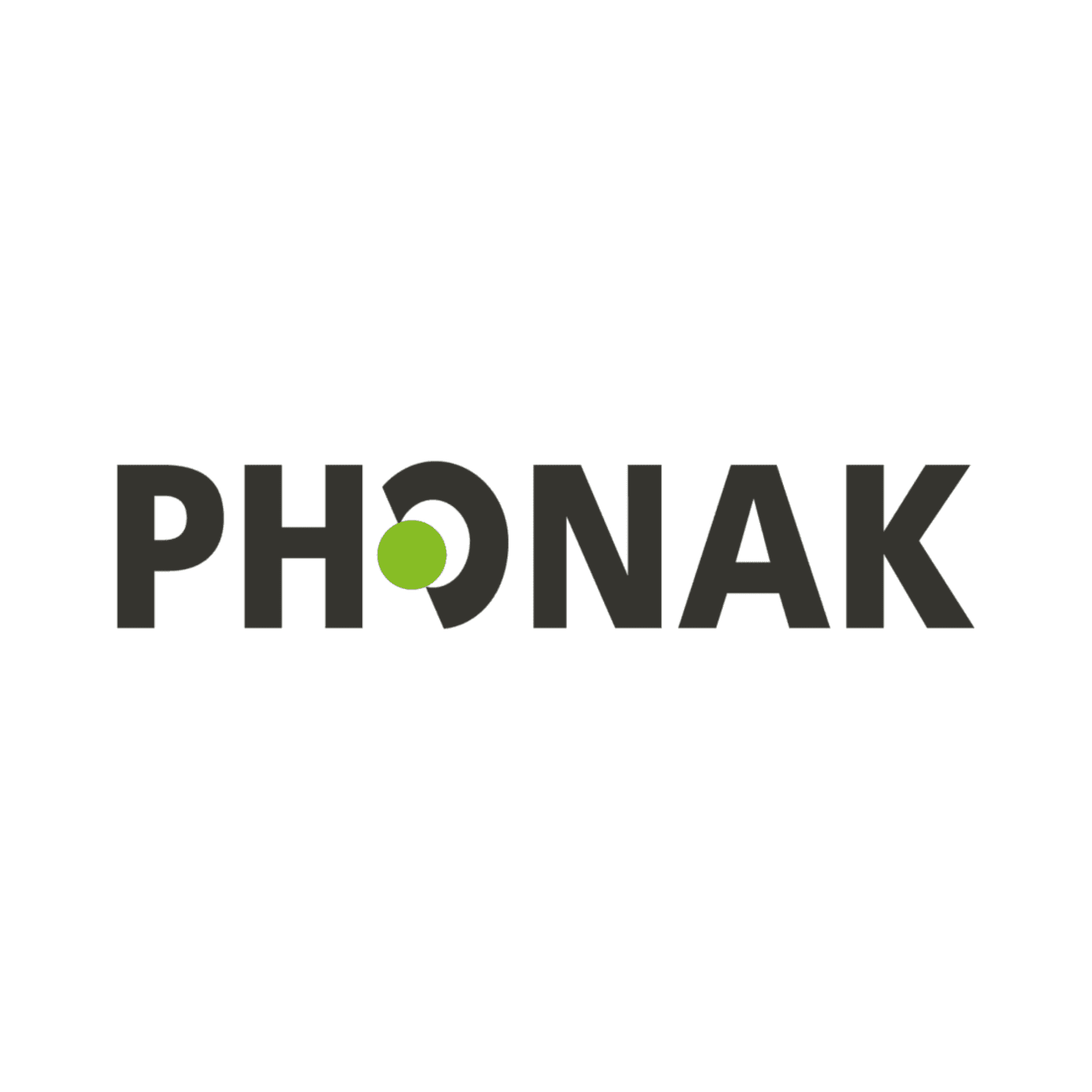 Phonak logo with black text and a green circle integrated into the letter "O" on a white background.