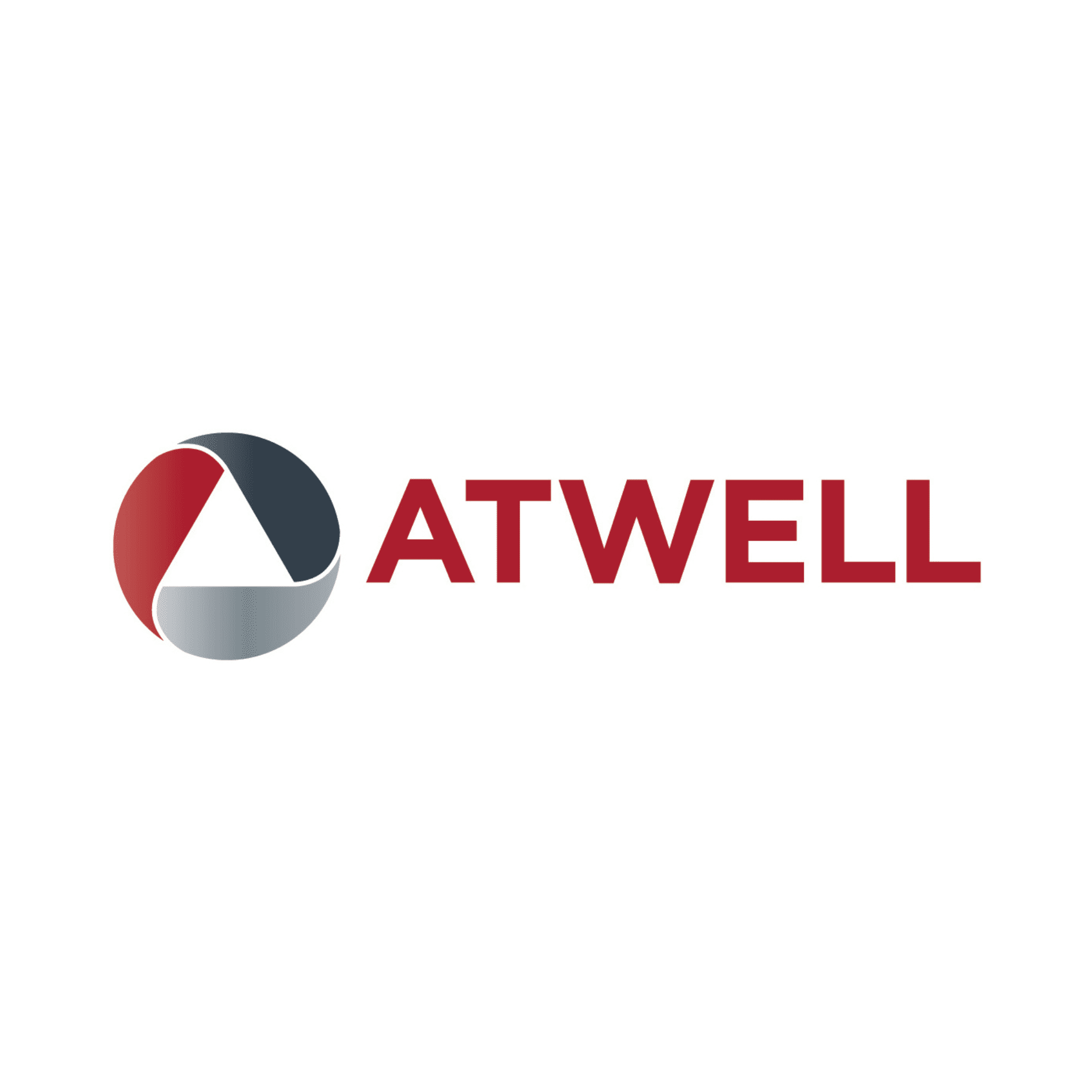 A logo with a black background featuring the text "ATWELL" next to a circular design with red, white, and gray segments.