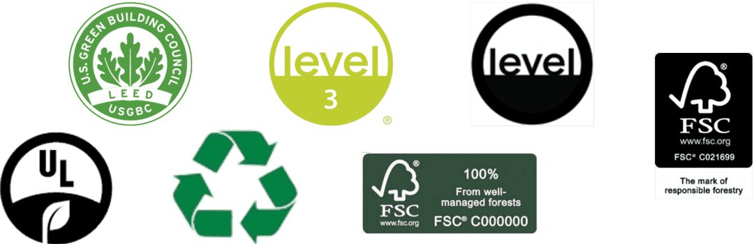 A collection of environmental certification logos, including LEED, UL, recycling, FSC, and Level 3, displayed on a green background.